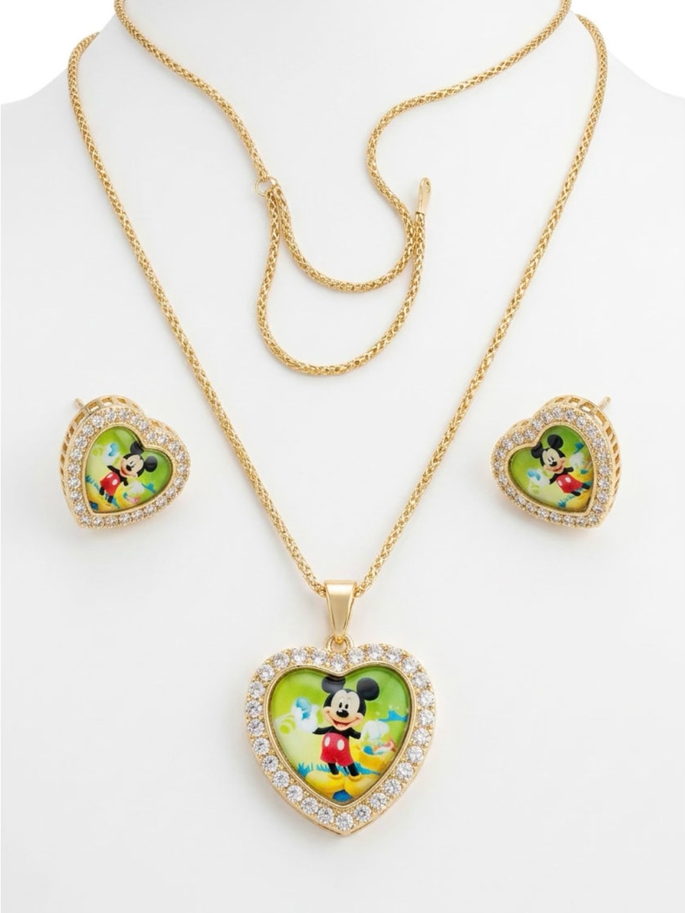 Gold-Tone Heart Necklace & Stud Earrings Set with Mickey Mouse Motif - Gold